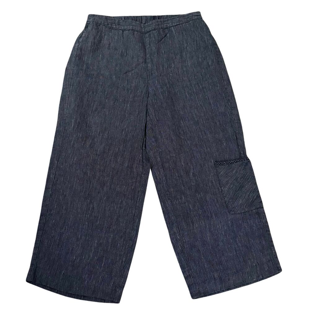 Habitat Size S 100% Linen Wide Leg Crop Pants Micro Striped Navy White Pockets